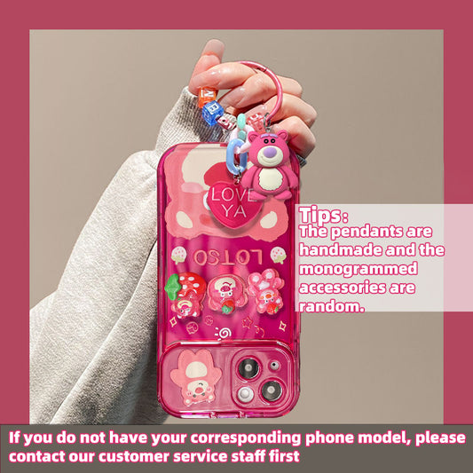 Strawberry Bear Phone Case Flip Mirror Rose Bear + Doll Charm Phone Case
